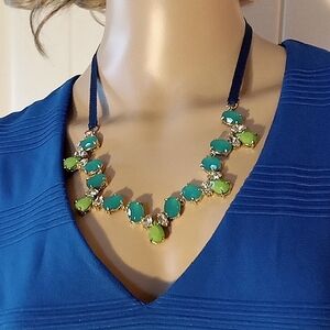 Elegant Gold Tone Green and Blue Necklace with Polished Finish